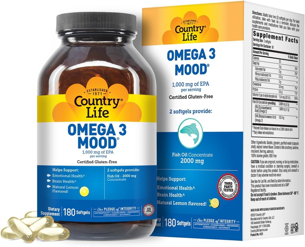 Country Life Omega 3 Supplément d'huile de poisson - Acides gras Omega 3 à haute concentration et DHA - 2000mg Huile de poisson pour la santé émotionnelle, le soutien de l'humeur et sans goût de poisson - Saveur de citron naturel