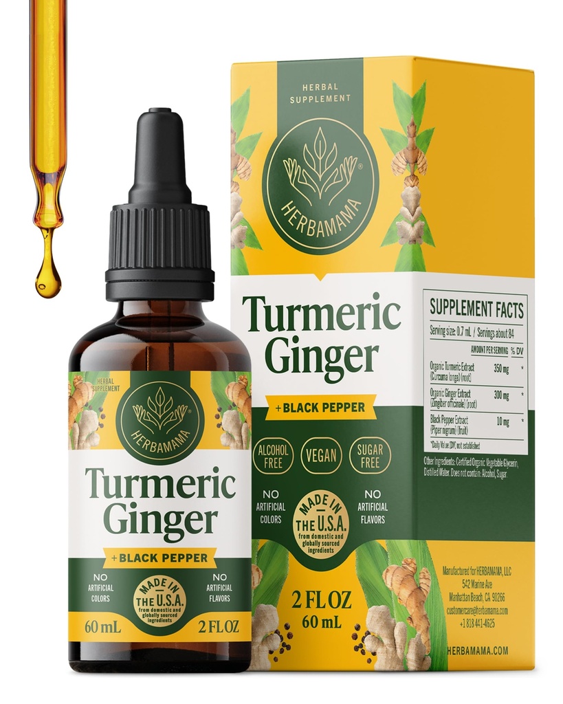HERBAMAMA Curcumine curcuma et supplément de gingembre - Mélange d'immuno-végétalien avec racine de gingembre liquide, extrait de curcuma et de poivre noir - gouttes sans OGM, sans alcool et sans sucre