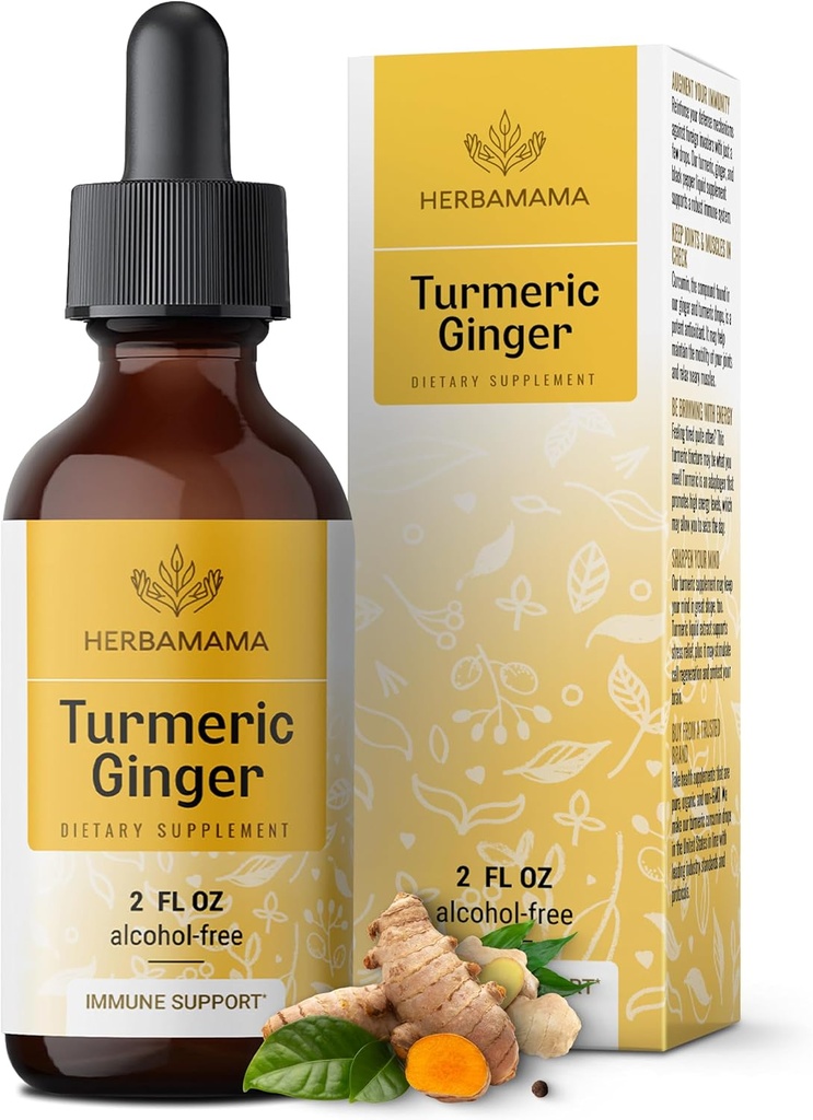 HERBAMAMA Turmeric Curcumin and Ginger Supplement - Vegan Immune Blend with Liquid Ginger Root,Turmeric & Black Pepper Extract - Non-GMO, Alcohol & Sugar-Free Immunity Drops