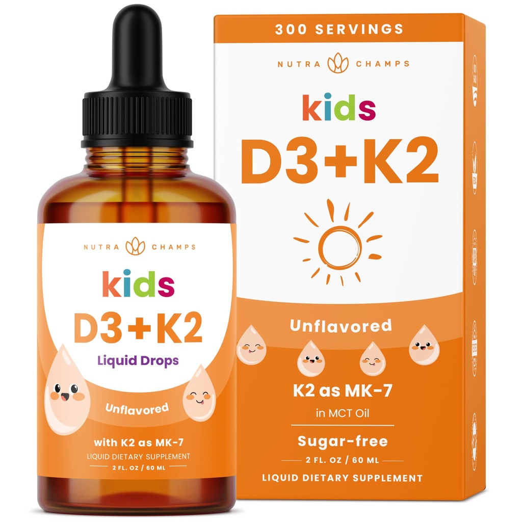 NutraChamps Enfants Vitamine D 3 K2 gouttes, Vitamine D3 & K2 MK-7, Vitamine D liquide pour enfants 1000 UI, Bons santé, Cœur et système immunitaire, Supplément sans sucre pour les enfants, 300 portions