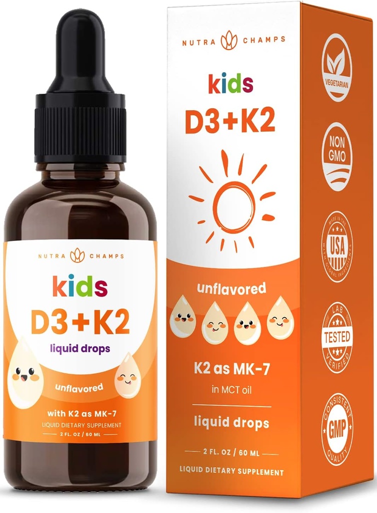 NutraChamps Enfants Vitamine D 3 K2 gouttes, Vitamine D3 & K2 MK-7, Vitamine D liquide pour enfants 1000 UI, Bons santé, Cœur et système immunitaire, Supplément sans sucre pour les enfants, 300 portions
