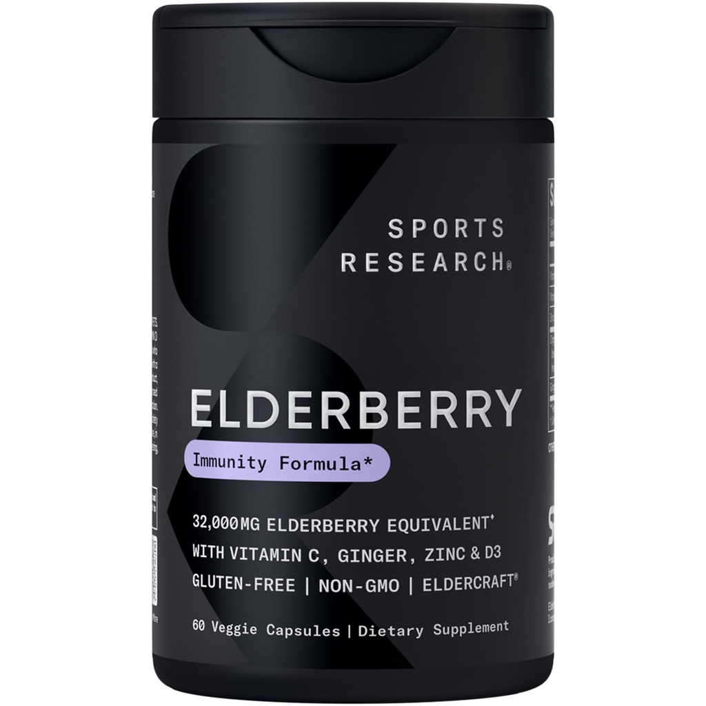 La recherche sportive Black Elderberry avec Zinc, Vitamine C et Vitamine D, Supplément de soutien immunitaire pour adultes, 60 Capsules