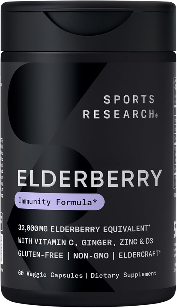 Sports Research Black Elderberry with Zinc, Vitamin C, & Vitamin D, Immune Support Supplement for Adults, 60 Capsules