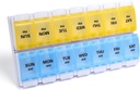 Sukuos AM PM Organisateur hebdomadaire de pilules 7 jours, 2 fois par jour Boîte à pilules de médecine avec bouton poussoir facile, caisses de vitamine sans BPA pour huile de poisson / suppléments, facile à nettoyer (jaune et bleu)