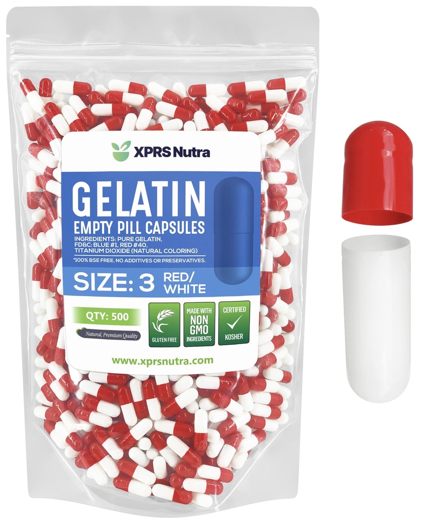 XPRS Nutra Taille 3 Capsules vides - 500 Compte Capsules de gélatine vides - Pills Bricolage Capsule Remplissage - Pure Pill Gel Caps pour Do-It-Youlf Suppléments (Rouge/Blanc)