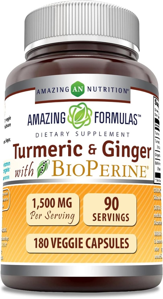 Formules étonnantes Curcumin et gingembre curcuma avec supplément BioPerine de 1500 Mg par portion de 180 Capsules Veggie