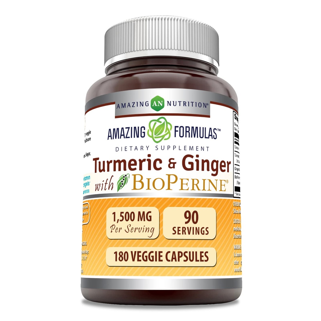 Formules étonnantes Curcumin et gingembre curcuma avec supplément BioPerine de 1500 Mg par portion de 180 Capsules Veggie