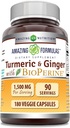 Formules étonnantes Curcumin et gingembre curcuma avec supplément BioPerine de 1500 Mg par portion de 180 Capsules Veggie