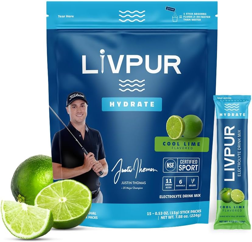 LivPur Mélange de boissons électrolytes, poudre d'hydratation instantanée avec vitamine C, B6, B12 et acides aminés essentiels pour le soutien musculaire et la santé immunitaire, essentiels de sport, goût de chaux fraîche, 15 Stick Packs