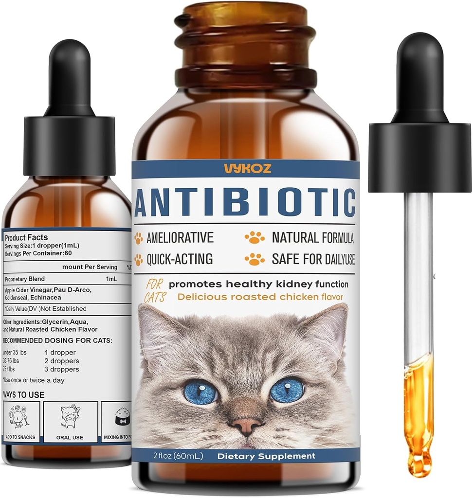 Antibiotics for Cats - Natural Cat Antibiotics for Allergy Itch Relief, Immune Boosting - Antibiotics for Immune Boosting, Urinary Tract Infections - Supplemental Vitamins for Cat and Dog, 2 fl oz