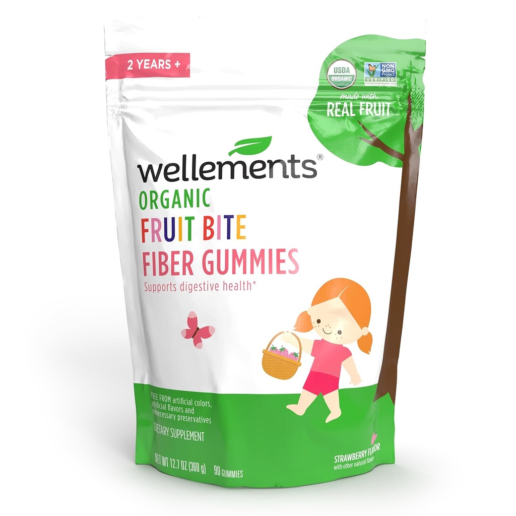 Wellements Bio Fiber Fruit Bite Gummies (en anglais seulement) Supporte la santé digestive des enfants et des tout-petits.