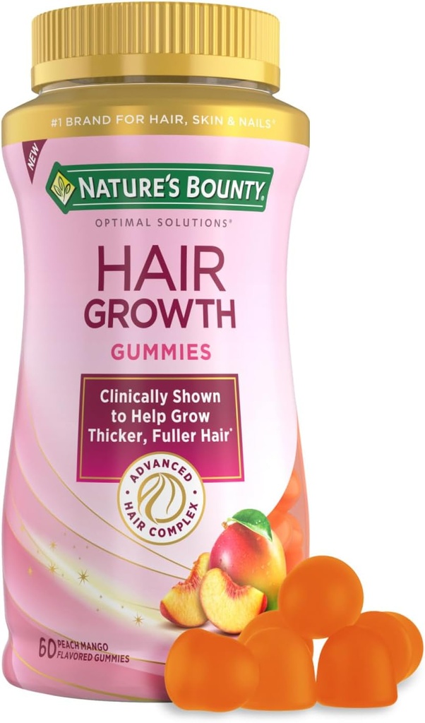 Natures Bounty Gommies de croissance des cheveux pour soutenir les cheveux plus épais, plus pleins avec la biotine, le silicone et l'arginine, le parfum de mangue de pêche – sans gluten, contient pas de lactose, de sodium ou de poisson, 60 portions Count/30