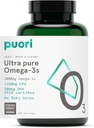 Puori Omega 3 Supplément à l'huile de poisson - Ultra pure et sans Burpght Wild Huile de poisson avec 2000mg Omega 3 acides gras, 1250mg EPA et 500mg DHA soutient la santé du coeur, du cerveau et des yeux - IFOS Certifié - 120 Softgels