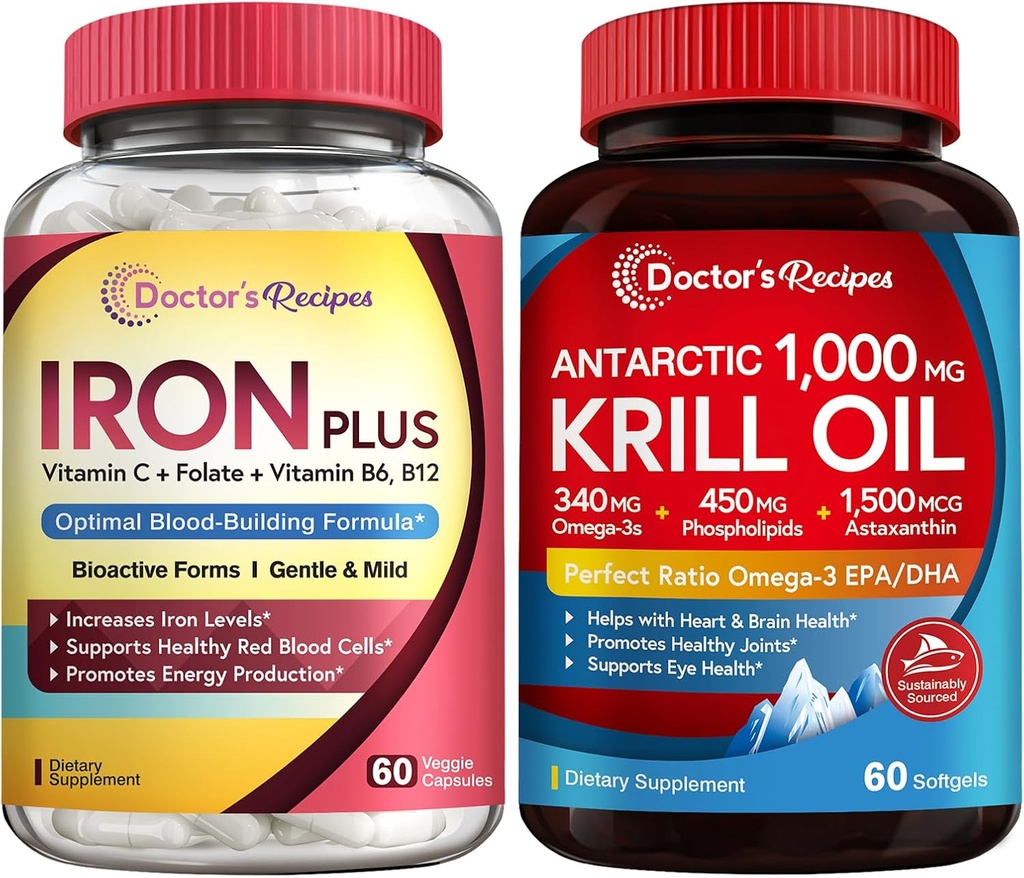 Recettes du médecin Bisglycinate de fer et huile de krill Bundle, soutien du sang et de l'énergie, soutien de la santé articulaire, du cerveau et des yeux, sans gluten, probiotiques (60 capsules) et huile de krill (60 softgels)