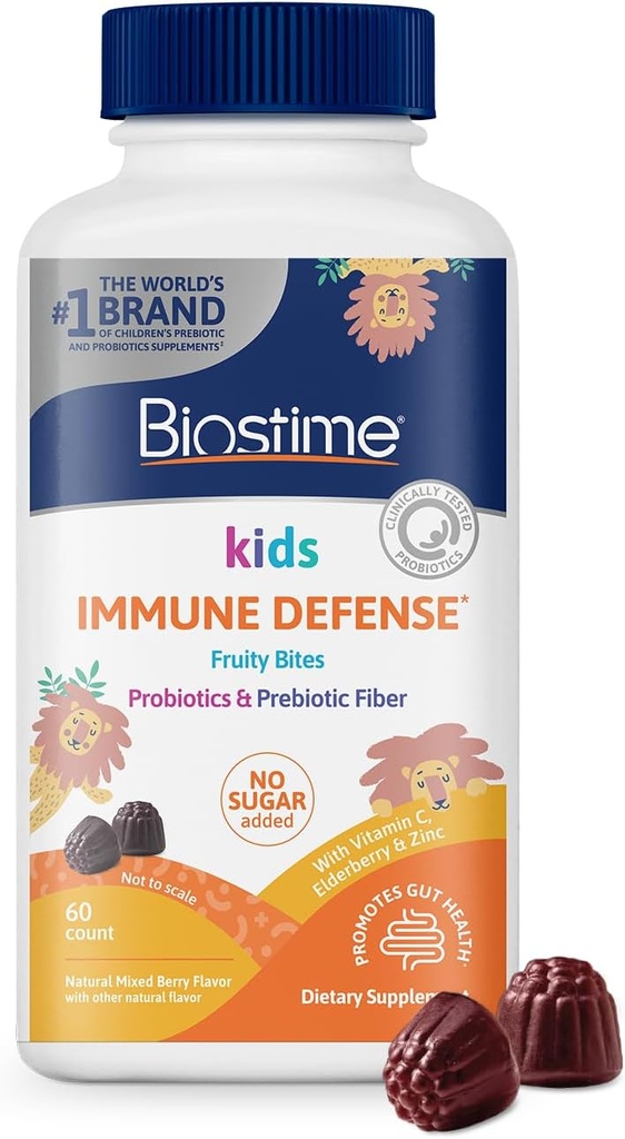 Biostime Kids immunosupport chewing-gums (Ages 4+) (Comprend Vitamines D&C + Zinc et Probiotiques) Non ajouté Sucre (Kids Immune Defense Fruity Bites) Exempte de top 9 allergènes