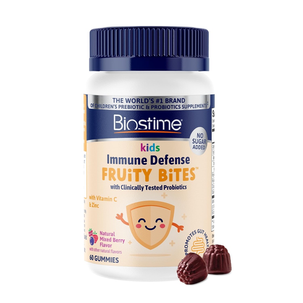 Biostime Kids immunosupport chewing-gums (Ages 4+) (Comprend Vitamines D&C + Zinc et Probiotiques) Non ajouté Sucre (Kids Immune Defense Fruity Bites) Exempte de top 9 allergènes