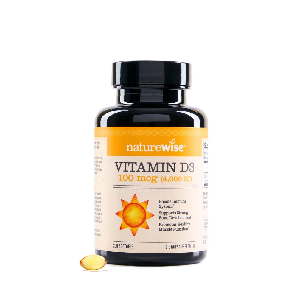 NatureWise Vitamine D3 4000iu (100 mcg) 200 jours d'approvisionnement pour le soutien immunitaire, la fonction musculaire saine et la santé des os - Non-OGM, sans gluten dans l'huile d'olive extra vierge biologique, (Mini Softgel), 200 Nombre