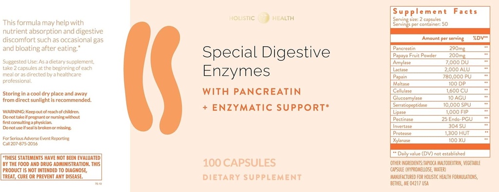 Santé holistique Enzymes digestifs spéciaux 100 Capsules
