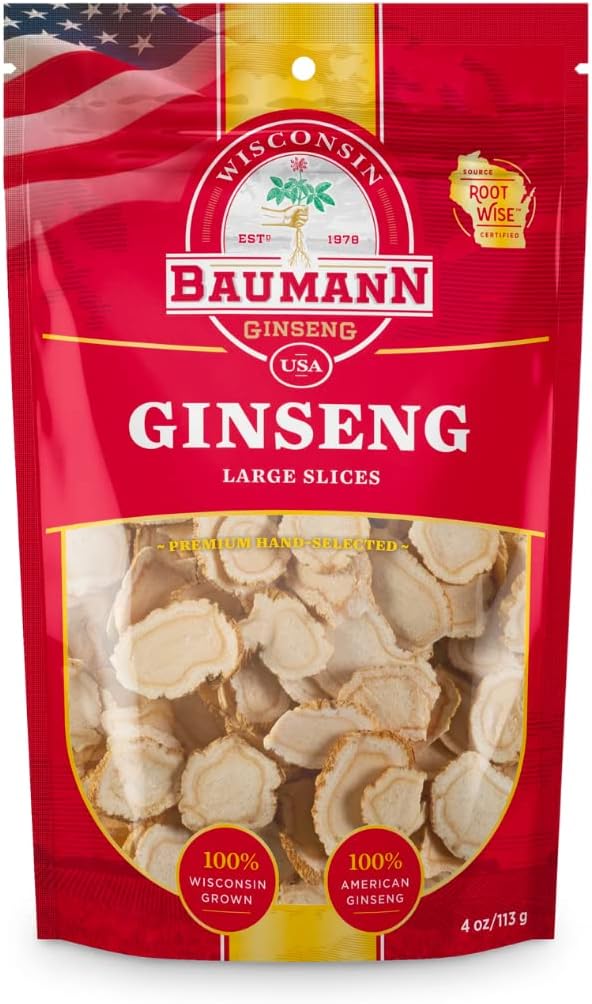 Baumann Wisconsin Ginseng - Grandes tranches 4 oz - 100% naturel Panax Ginseng Herb, Ginseng américain séché pur pour le soutien immunitaire, la focalisation améliorée et l'énergie