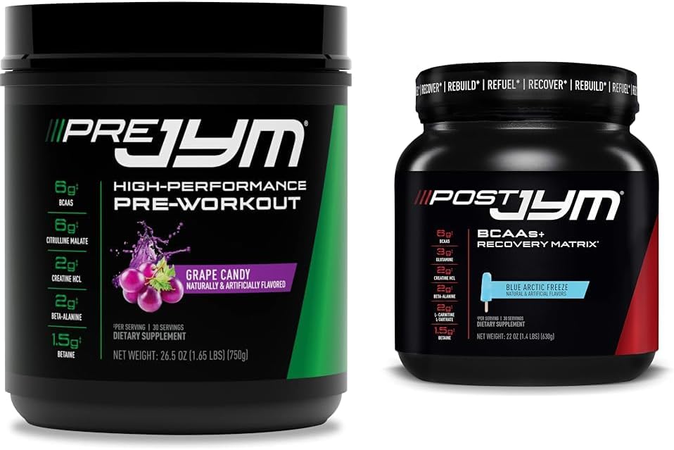 Pre JYM Grape Candy Pre Workout, Post JYM Active Matrix Post-Workout avec BCAAs, Creatine HCI, Beta-Alanine