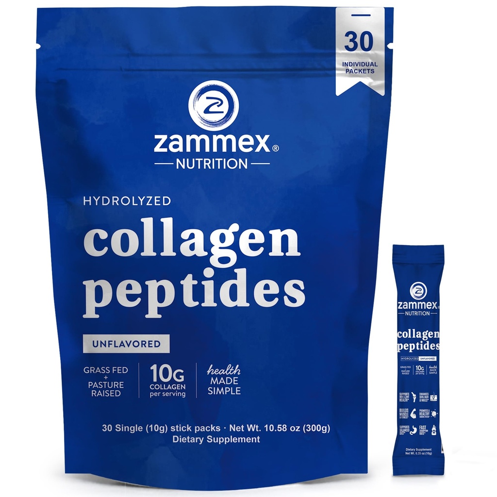 Poudre de Peptides de Collagène Premium, 30 Sticks Packets de Voyage (Type I, III), Poudre de Protéine de Collagène non aromatisée à Go, Peptides de Collagène hydrolysés pour l'articulation des ongles de cheveux de peau, 10g par service, Paléo & Keto