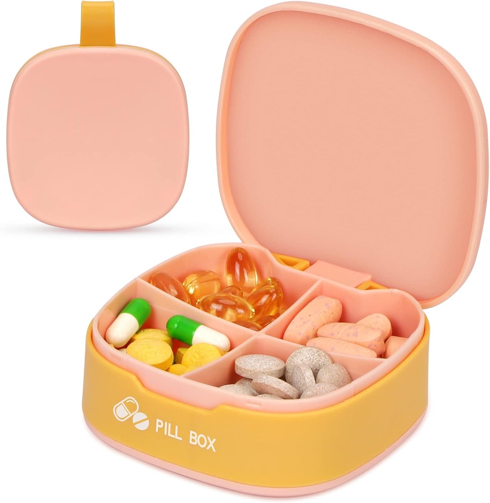 Organisateur de pilules Naturetouch, 4 fois par jour Boîte à pilules portable, Cas quotidien de pilules de qualité alimentaire pour les femmes et les hommes tenant de la vitamine, médecine, suppléments, rose