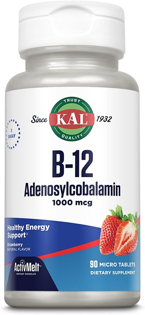 KAL Vitamine B12 Adénosylcobalamine 1000 mcg - B 12 Vitamine, B-12 1000 mcg actif pour les femmes et les hommes, Soutien énergétique - Saveur de fraise - 90 Micro comprimés ActiveMelt