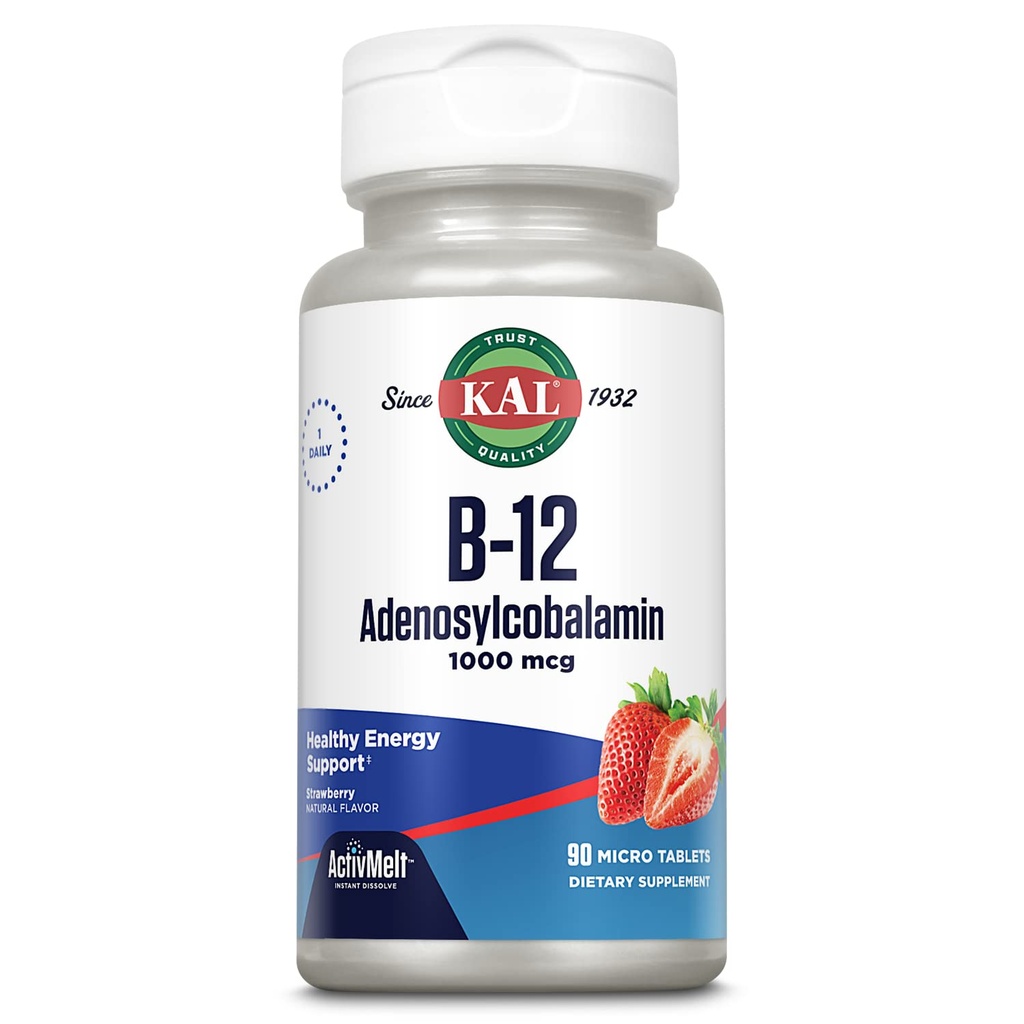 KAL Vitamine B12 Adénosylcobalamine 1000 mcg - B 12 Vitamine, B-12 1000 mcg actif pour les femmes et les hommes, Soutien énergétique - Saveur de fraise - 90 Micro comprimés ActiveMelt