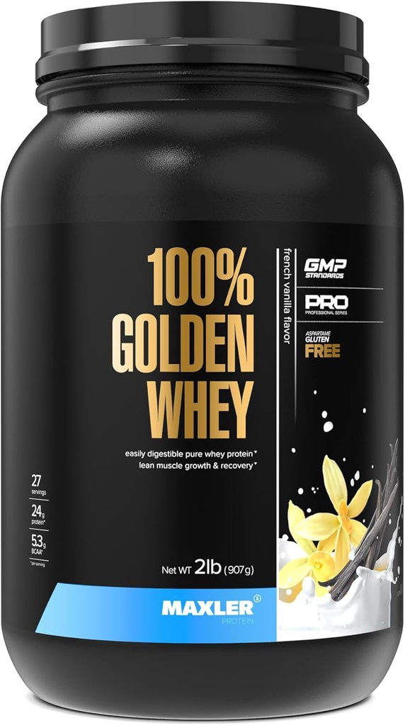 Maxler 100% Golden Whey Protein - 24g de protéines par portion - Poudre de protéines de lactosérum pour pré-entraînement - Mélange d'hydrolysat de concentré de lactosérum à absorption rapide - Protéine de vanille française 2lb