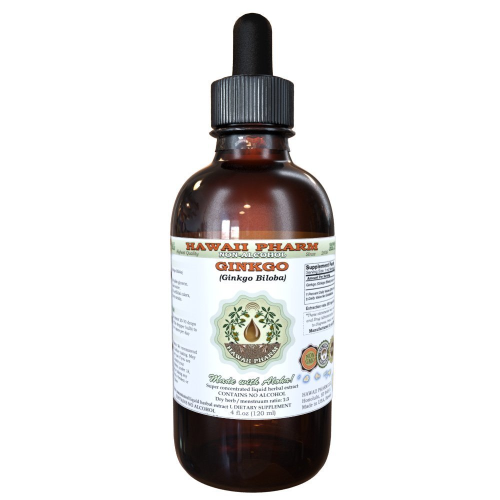 Ginkgo Extrait liquide sans alcool, Ginkgo biologique (Ginkgo Biloba) Feuille séchée Glycérite Hawaii Pharm supplément naturel à base de plantes 4 oz