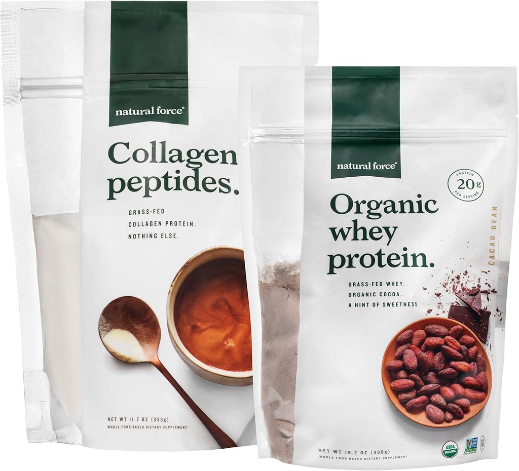 Peptides de collagène à pâte d'herbe et mélange de protéines de lactosérum biologique au chocolat – Protéines de lactosérum organiques, non OGM et collagène hydrolysé de type I et III – 15,2 Ounce Bag et 11,7 Ounce Bag