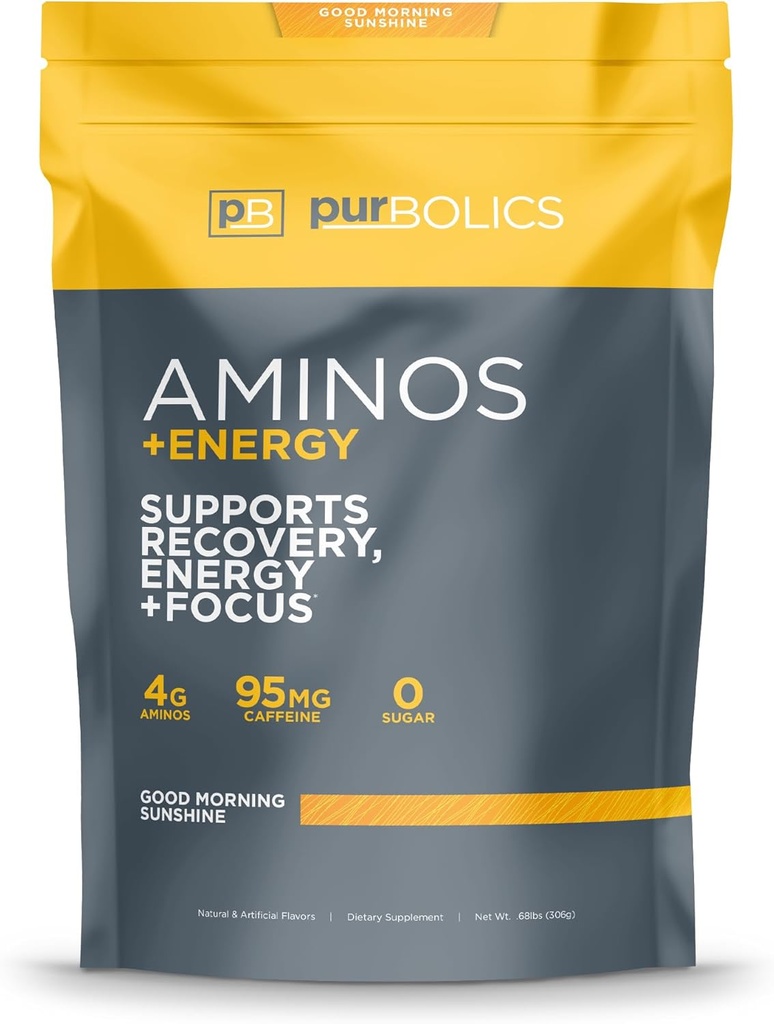 Purbolics Aminos + Énergie , soutient la récupération, l'énergie et le focus , 95mg de caféine, 0 sucre et 60 portions (Good Morning Sunshine)