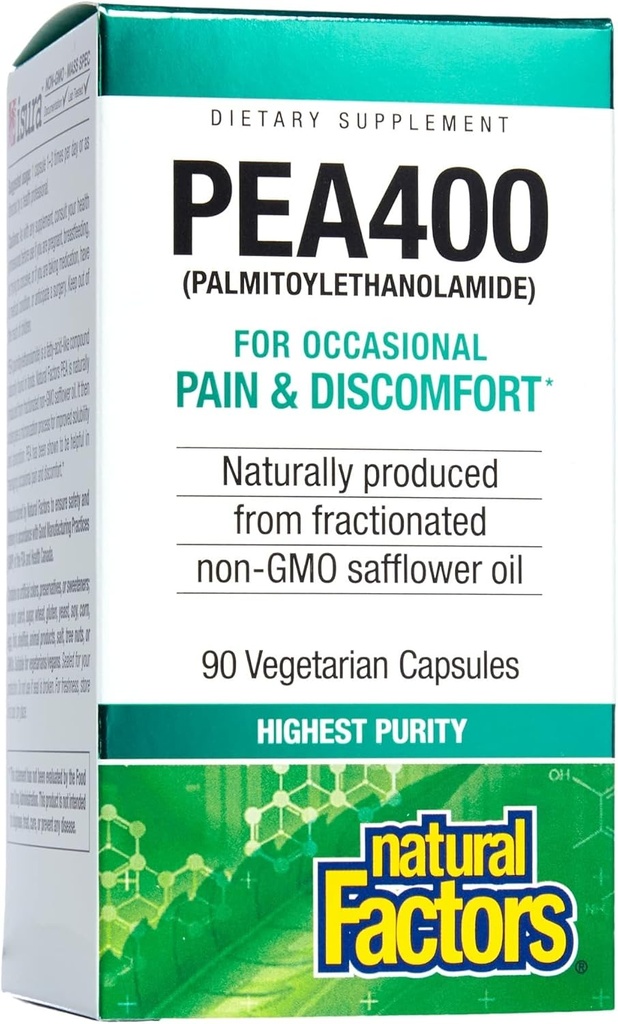 Facteurs naturels PEA400 - Pure Palmitoyléthanolamide pour le soulagement - Supports Système nerveux et malaise occasionnel - Non-OGM - 90 capsules (90 portions)