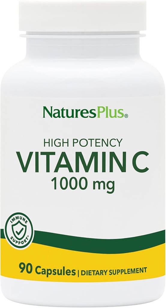 Natures Plus Vitamine C - 1000 mg Acide ascorbique, 90 Capsules végétariennes - Supplément de soutien vasculaire et immunitaire à haute puissance, Antioxydant - Sans maïs, Sans gluten - 90 portions