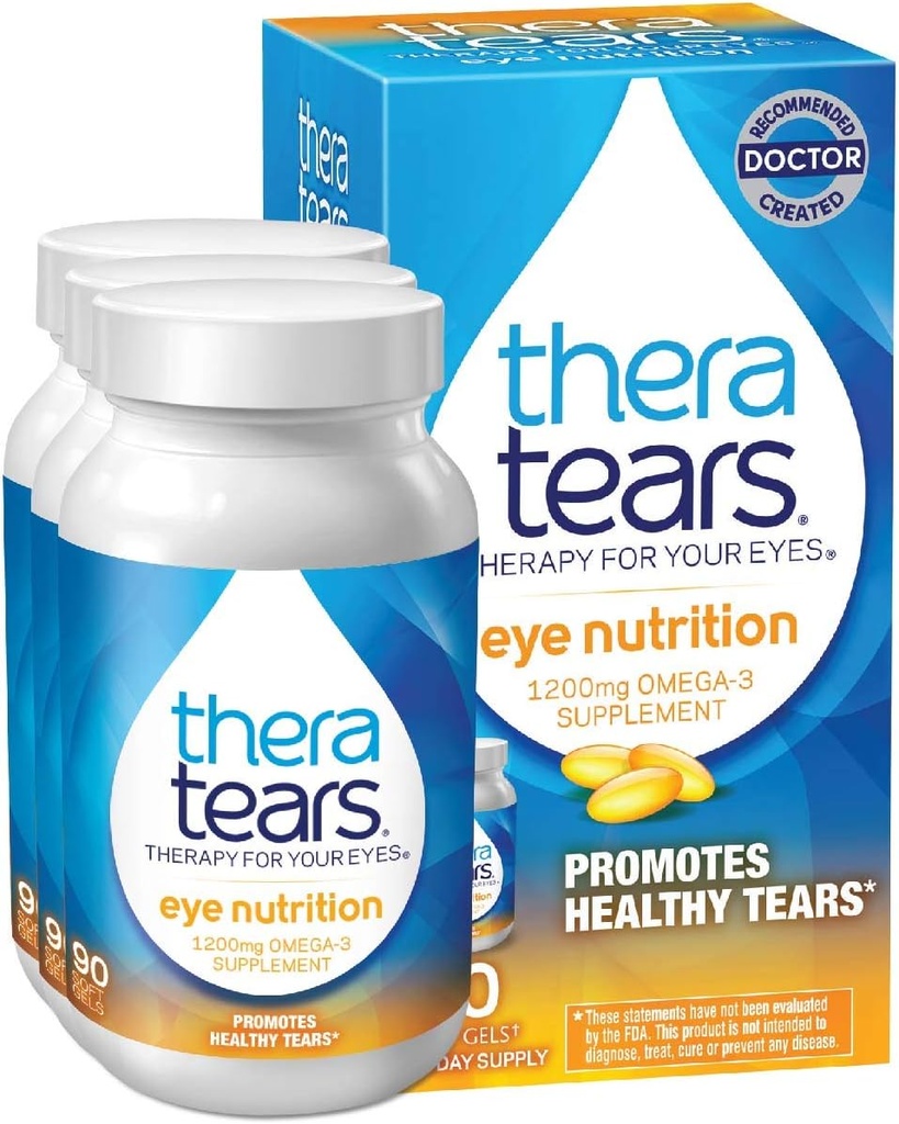 TheraTears 1200mg Omega 3 Supplément pour la nutrition des yeux, Huile de Triglycéride de lin biologique et vitamine E, 90 Nombre (paquet de 3)