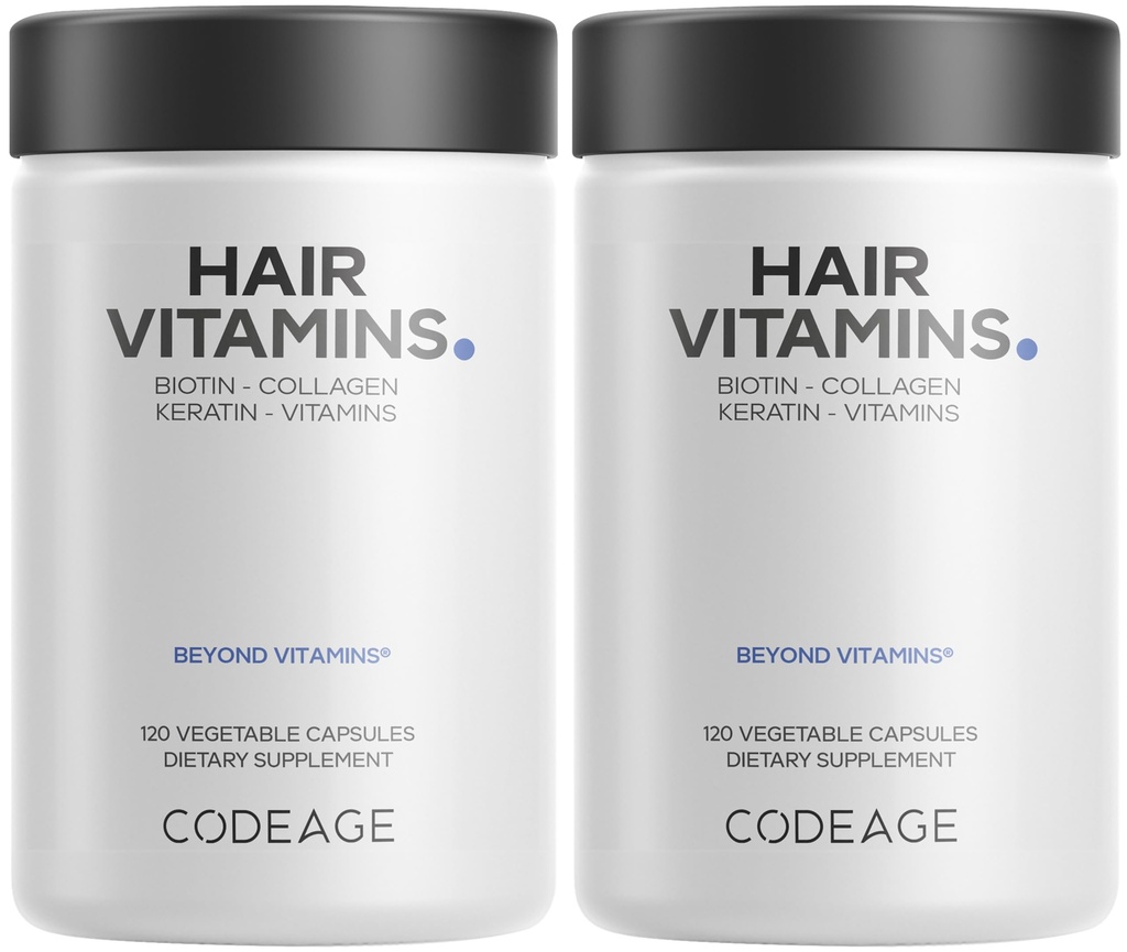 Codeage Vitamines capillaires 10000 mcg Biotine, kératine, collagène, vitamine A, B12, C, D3, E, zinc, curcuma, probiotiques, enzymes, Inositol - Soins capillaires - Pills de compléments capillaires sains - 2 Pack