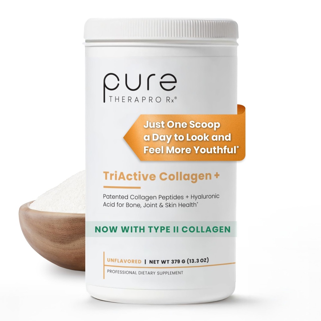 Pure Therapro Rx TriActive Collagène Plus, Collagène poudre pour cheveux, peau, ongles, os et articulations, collagène hydrolysé poudre avec/peptides brevetés, multicollagène poudre de protéines, 30 portions