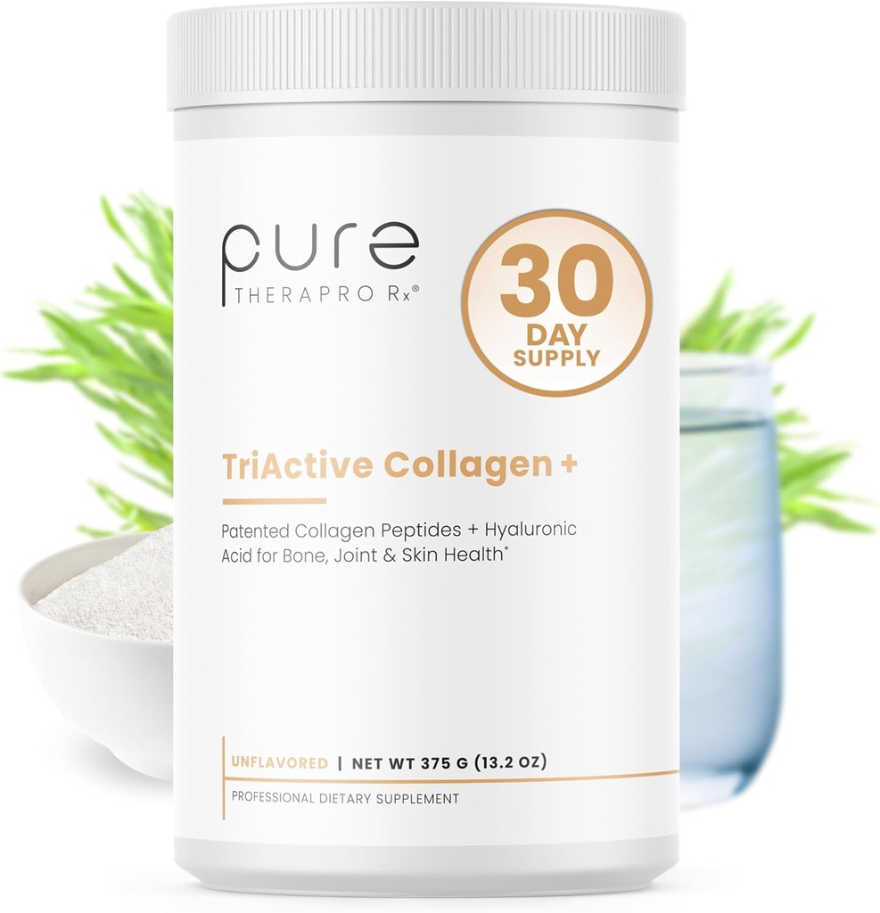 Pure Therapro Rx TriActive Collagène Plus, Collagène poudre pour cheveux, peau, ongles, os et articulations, collagène hydrolysé poudre avec/peptides brevetés, multicollagène poudre de protéines, 30 portions