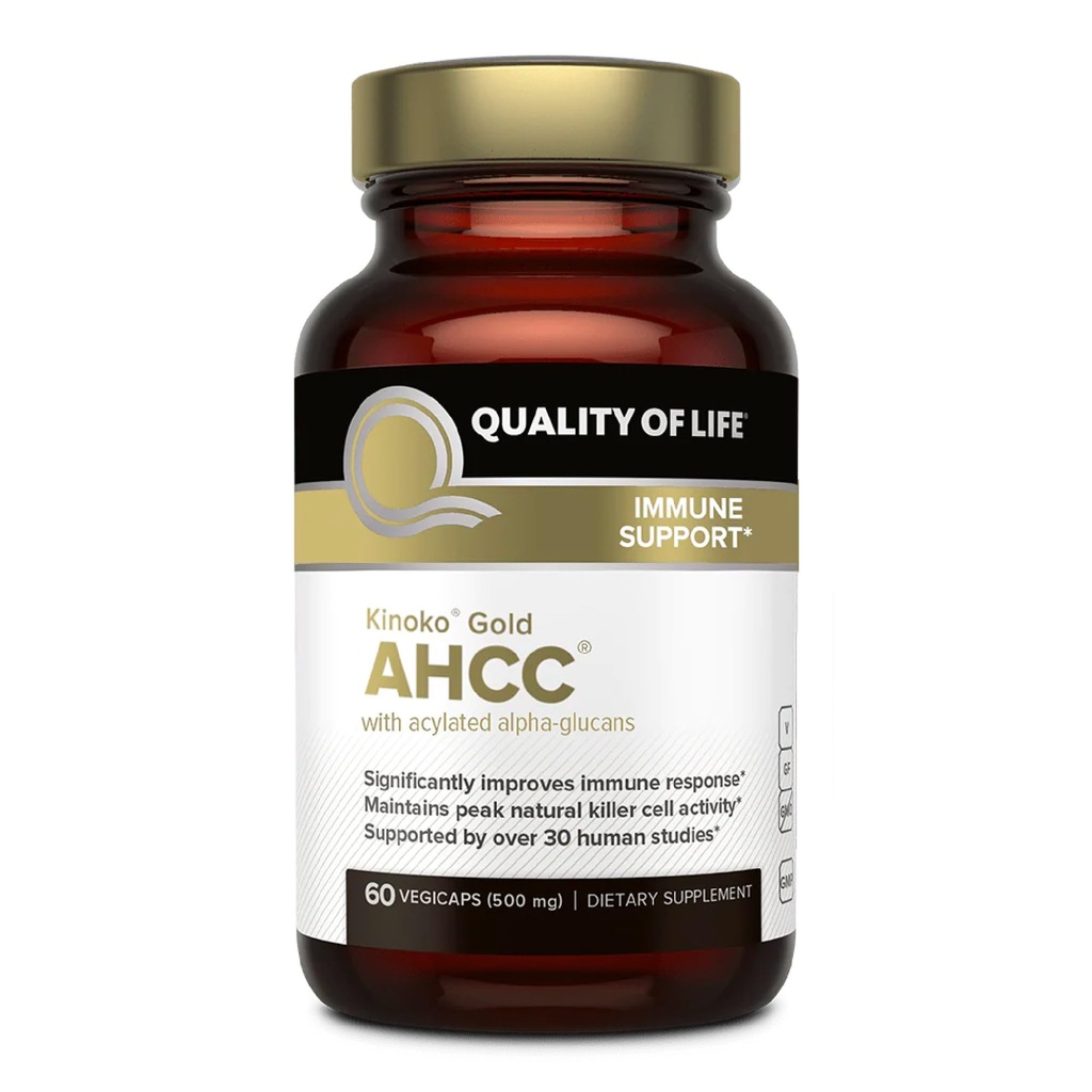 Qualité de vie Premium Kinoko Gold supplément AHCC, 500 mg par capsule, soutient la santé immunitaire, la fonction hépatique, maintient l'activité de cellules tueuses naturelles et améliore la production de cytokine, 60 capsules de veg
