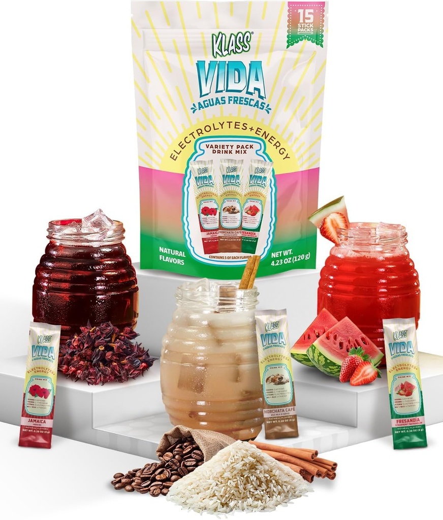 KLASS VIDA Hydration + Energy Electrolyte Drink Mix – Variety Pack with Hibiscus, Coffee Horchata & Strawberry Watermelon, Sugar-Free with Caffeine, L-Theanine, Coconut Water & Minerals