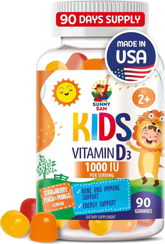 SUNNY SAM Vitamine D3 Gommies 1000 UI pour les enfants et les adultes - Soutien immunitaire Chews avec saveur naturelle - Végétarien, sans gélatine Soutien immunitaire Vitamines pour les enfants