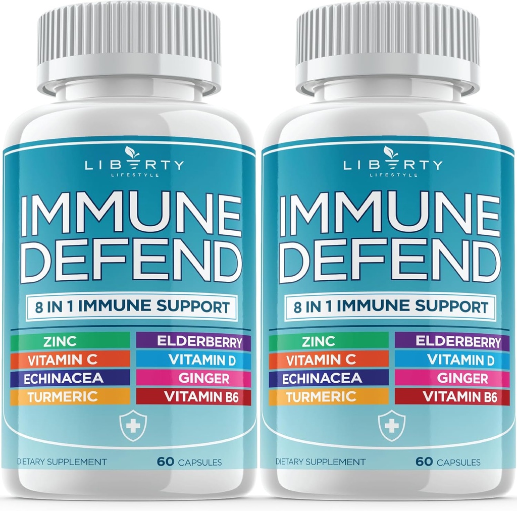 8 in 1 Immune Defense Support, Immunity Vitamins Supplement Booster with Zinc 50mg, Vitamin C Elderberry Vit D3 5000 IU, Turmeric Curcumin & Ginger, Echinacea - Allergy Relief for Kids Adults (2 Pack)