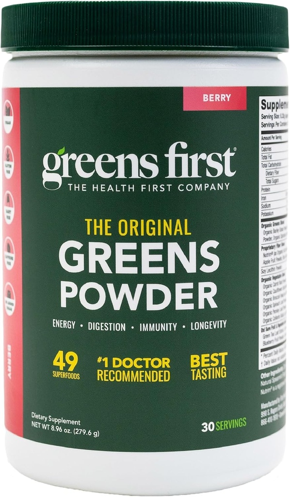 Greens First Original Greens Powder - 49 Superfoods - Fruits et légumes biologiques - Prébiotiques, probiotiques et enzymes digestives - Smoothie antioxydant - Sans lait, végétalien et non-OGM (Berry, 30 portions)