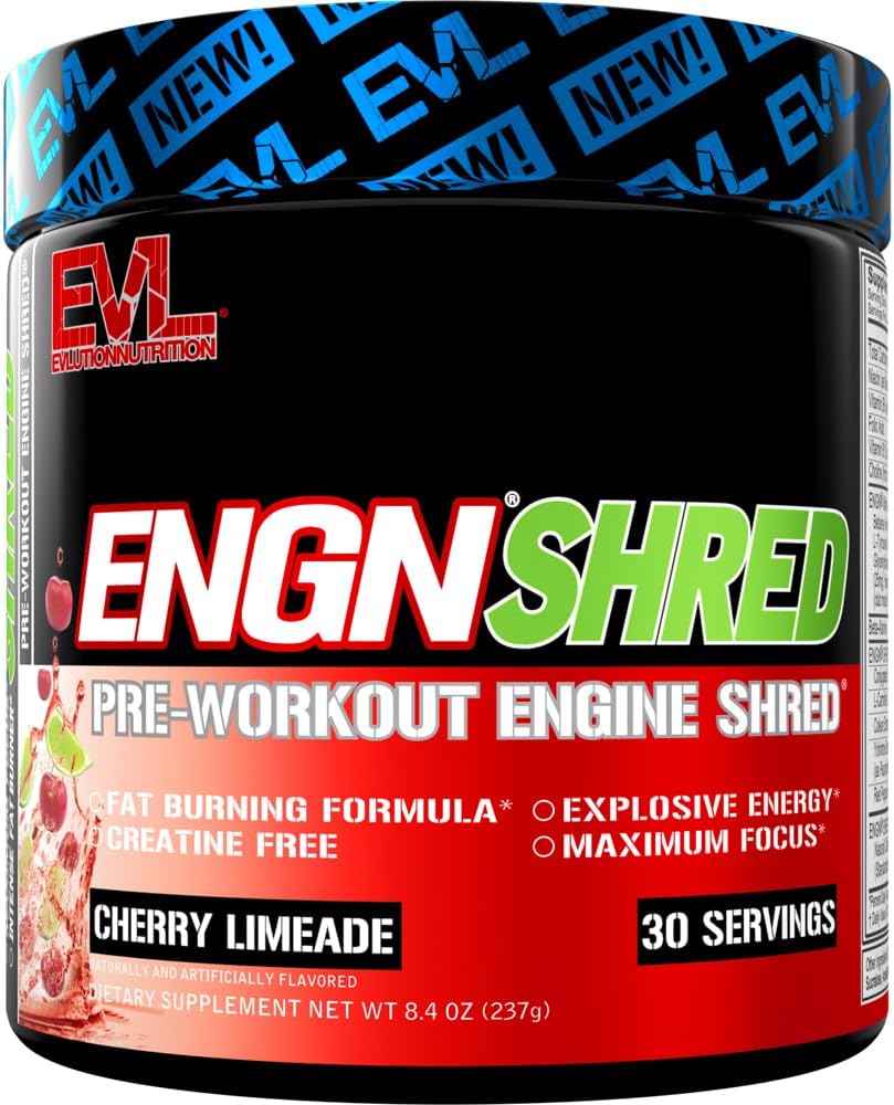 EVL Ultimate Pre Workout Powder - Thermogen Fat Burner Preworkout Powder Drink for Lasting Energy Focus and Stamina - ENGN Shred Intense Fat Burning Creatine Free Preworkout Drink - Cherry Limeade