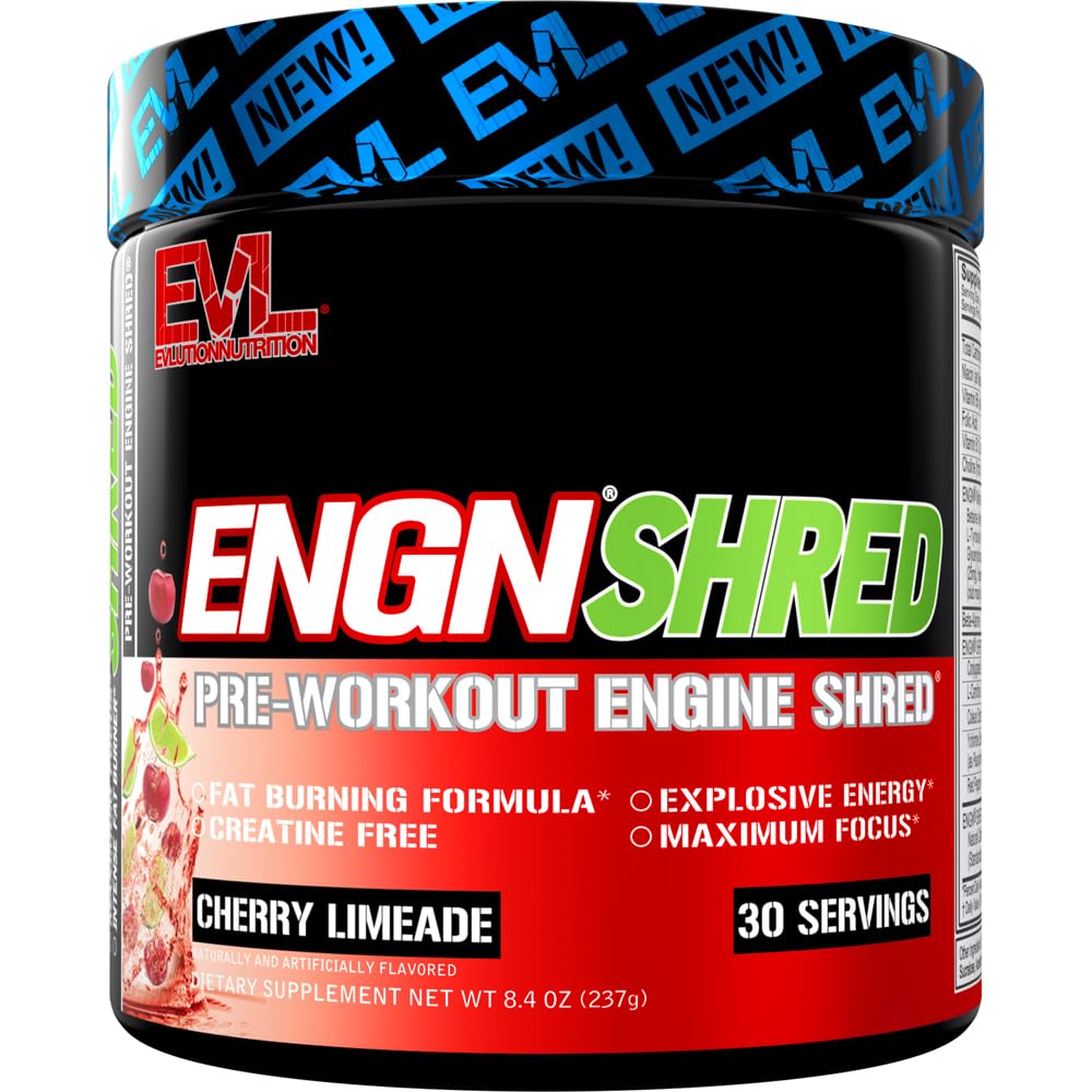 EVL Ultimate Pre Workout Powder - Thermogen Fat Burner Preworkout Powder Drink for Lasting Energy Focus and Stamina - ENGN Shred Intense Fat Burning Creatine Free Preworkout Drink - Cherry Limeade