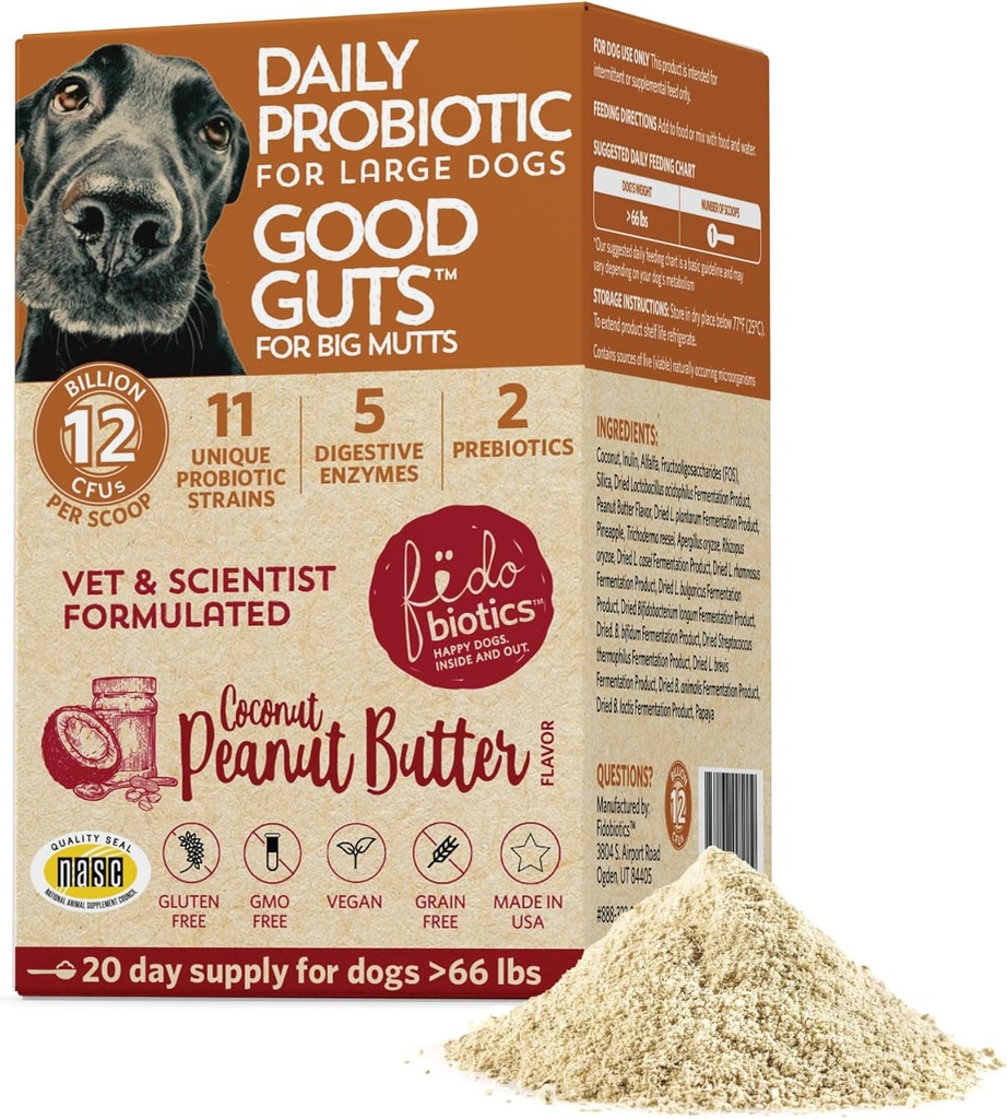 Fidobiotiques Bonnes guttes pour gros mutants Probiotiques pour chiens, 12 milliards UFC, 11 souches, 5 enzymes digestives, 2 prébiotiques, la santé digestive Gut pour chiens, suppléments pour adultes et chiots probiotiques (20 jours)