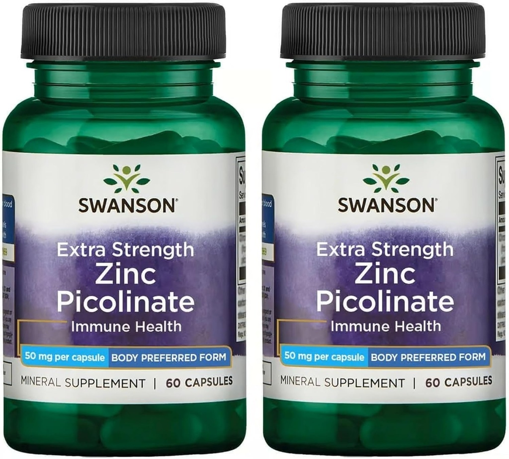 Swanson Premium Brand Extra Strength Zinc Picolinate - Body Preferred Form Immune Health Capsules - 50 mg per capsule - 60 Capsules, Pack of 2