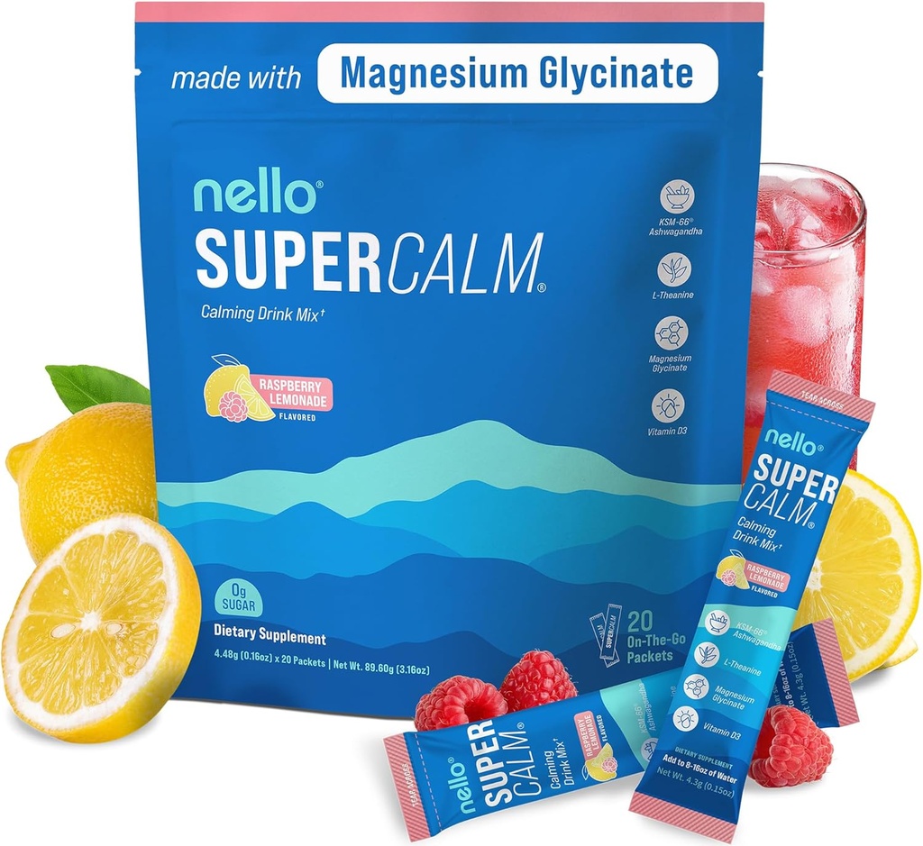 Nello Supercalm Powdered Drink Mix, Raspberry Lemonade, L Theanine, Ksm-66 Ashwagandha, Magnésium Glycinate, Vitamine D 3, Suppléments pour la relaxation et la concentration, Pas de sucre, Non OGM, En route, 20 Ct