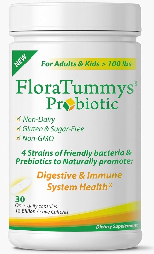 FloraTummys Meilleur probiotique pour les femmes, les hommes et les enfants. 12 milliards CFU, 4 souches probiotiques, prébiotiques, non-OGM, casher, non-dairy, sans gluten, sans sucre, fabriqués aux États-Unis