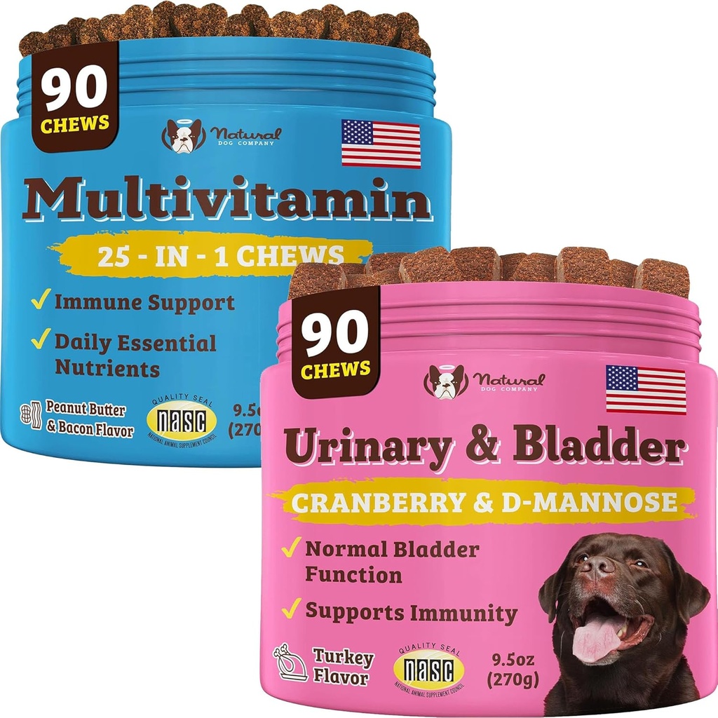 Natural Dog Company Urinary and Multivitamin Bundle - Supports Urinary Tract, Immune System, Joint Health, and Energy - Chews essentiels pour le bien-être global et la vitalité des chiens